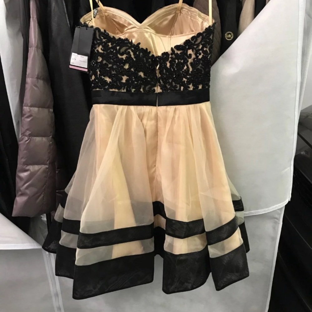 La Femme Black and Champagne Strapless Lace Party Dress